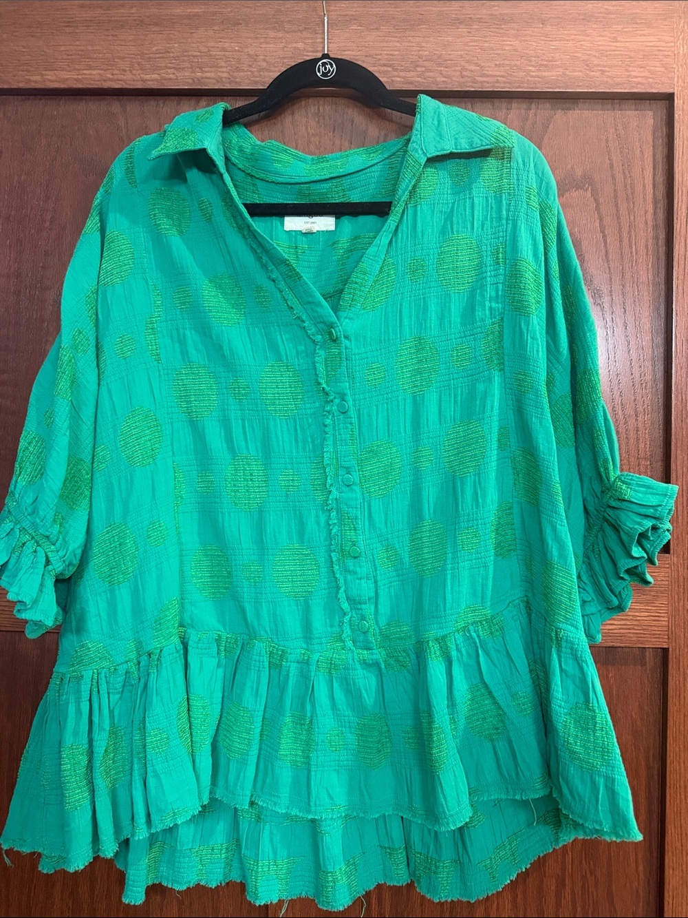 Umgee Teal Green Button-Front Ruffle Hem Tunic, NWOT